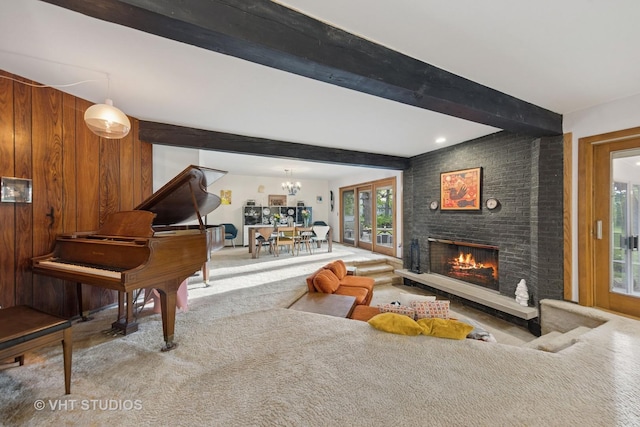 S070 River Ln, Winfield, IL 60190 - carpeted living area featuring beam ceiling, plenty of natural light, a brick fireplace, and a chandelier