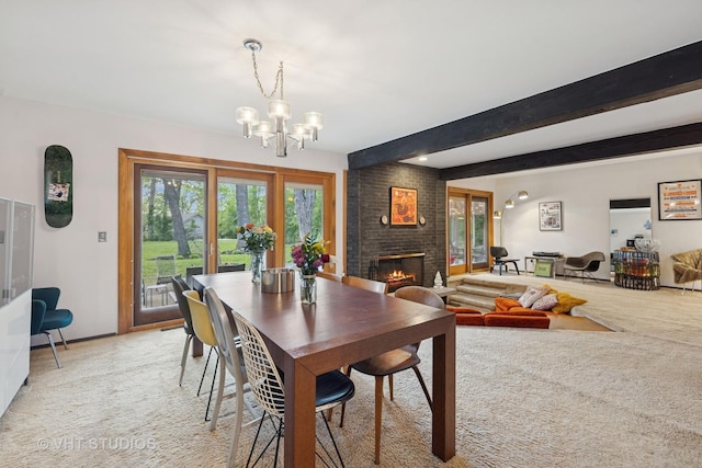 S070 River Ln, Winfield, IL 60190 - dining space featuring light carpet, a fireplace, a chandelier, beam ceiling, and baseboards