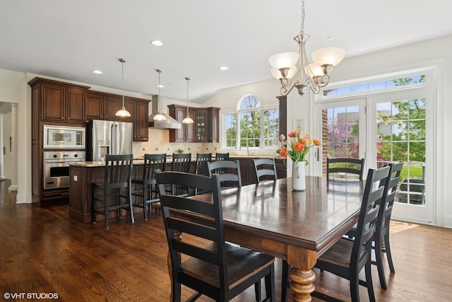 11 Crystal Downs Dr, Hawthorn Woods, IL 60047 - dining room with a chandelier, dark wood-style floors, and recessed lighting