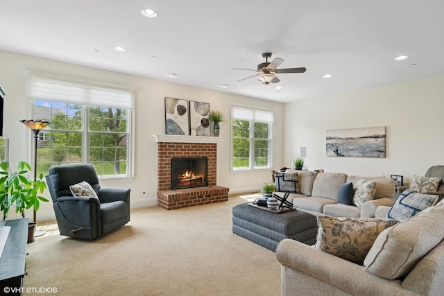 11 Crystal Downs Dr, Hawthorn Woods, IL 60047 - living area featuring carpet flooring, ceiling fan, recessed lighting, and a brick fireplace