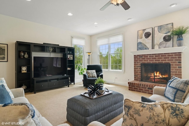 11 Crystal Downs Dr, Hawthorn Woods, IL 60047 - carpeted living area featuring a brick fireplace, recessed lighting, and a ceiling fan