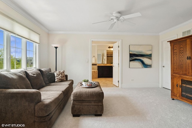 11 Crystal Downs Dr, Hawthorn Woods, IL 60047 - living area with ornamental molding, light colored carpet, and ceiling fan