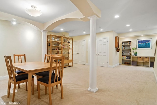 11 Crystal Downs Dr, Hawthorn Woods, IL 60047 - dining room with decorative columns, light colored carpet, arched walkways, and recessed lighting