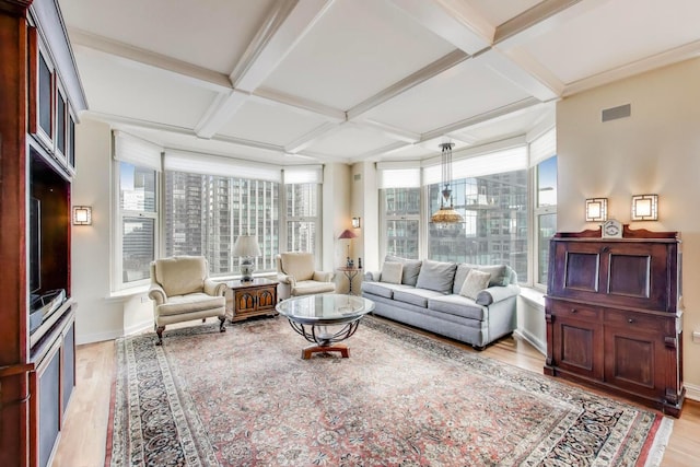 25 E Superior St Unit 2501, Chicago, IL 60611 - living area with coffered ceiling, light wood-type flooring, beam ceiling, and baseboards