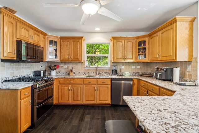 2105 Primrose Dr, Plainfield, IL 60586 - kitchen with stainless steel appliances, a sink, light stone counters, dark wood-style flooring, and a ceiling fan