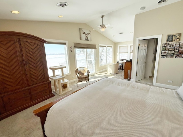 bedroom featuring vaulted ceiling, access to outside, light colored carpet, baseboards, and ceiling fan