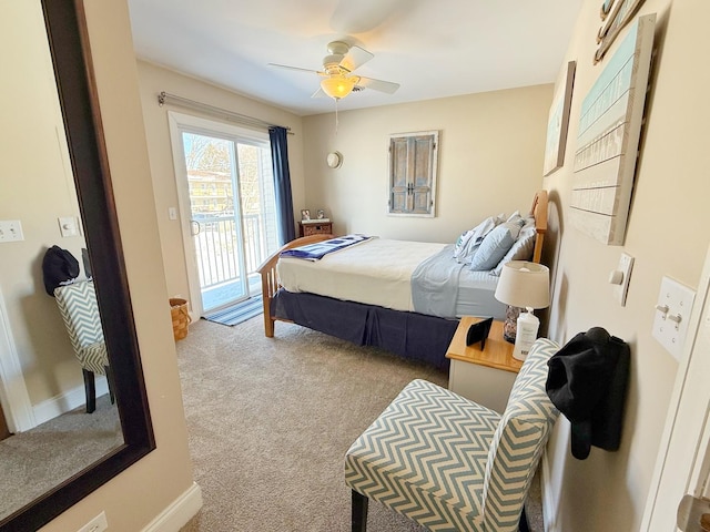 bedroom featuring access to exterior, carpet floors, and a ceiling fan