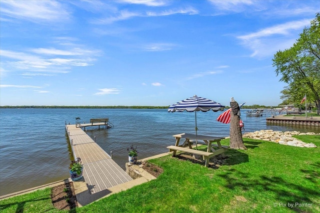 dock with a water view and a yard