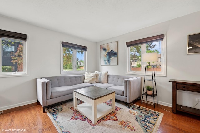 living area featuring healthy amount of natural light, baseboards, and wood finished floors