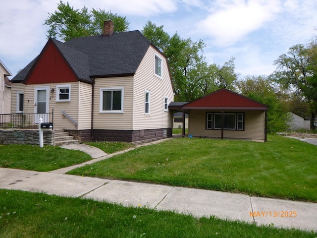 14337 Oak St, Dolton, IL 60419 - view of front facade with roof with shingles, a front yard, and a chimney