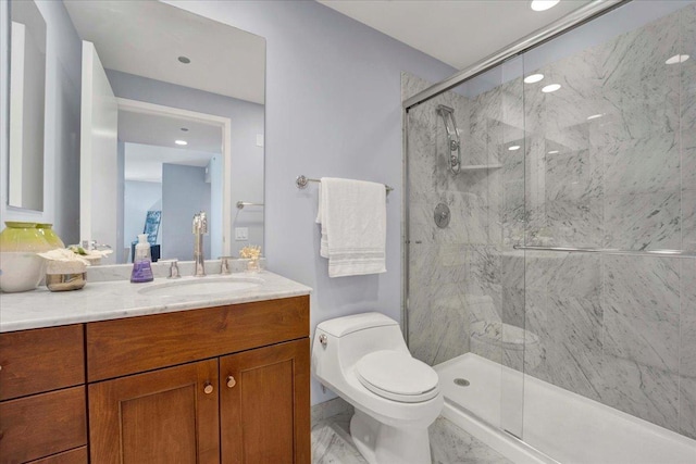 bathroom with marble finish floors, a marble finish shower, toilet, vanity, and recessed lighting
