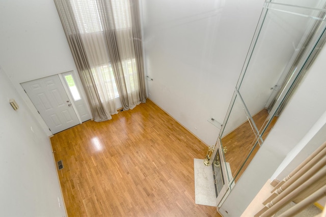 foyer entrance featuring light wood finished floors and a towering ceiling