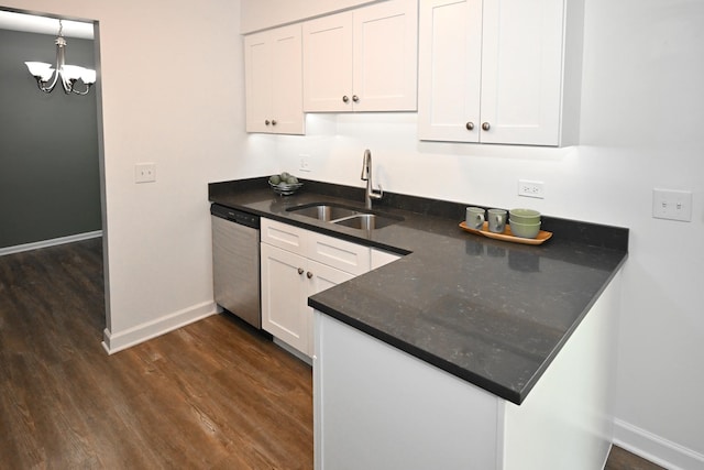 928 Surrey Dr Unit 1A, Schaumburg, IL 60193 - kitchen featuring stainless steel dishwasher, dark wood finished floors, white cabinets, dark stone countertops, and a chandelier