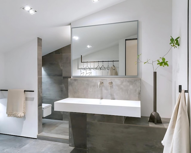 3845 S Winchester Ave, Chicago, IL 60609 - bathroom featuring lofted ceiling, concrete floors, and a walk in shower
