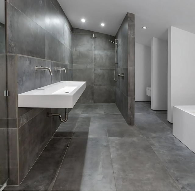 3845 S Winchester Ave, Chicago, IL 60609 - bathroom with a tile shower, concrete flooring, and a sink