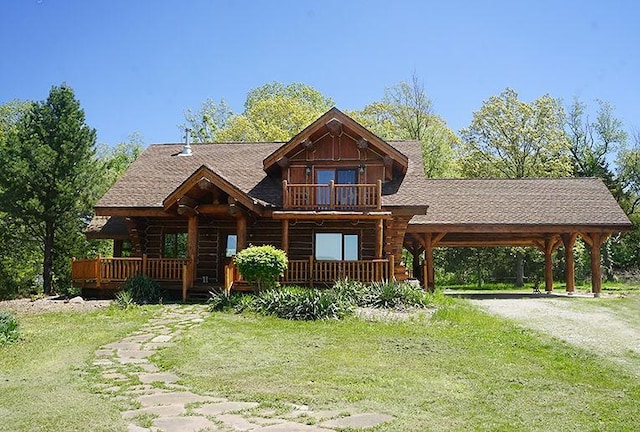 3526 E 2179th Rd, Ottawa, IL 61350 - view of front of home featuring a front yard, dirt driveway, log siding, and a shingled roof