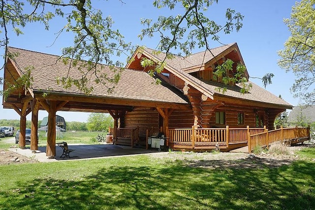 3526 E 2179th Rd, Ottawa, IL 61350 - exterior space with a yard, a deck, log exterior, and a shingled roof