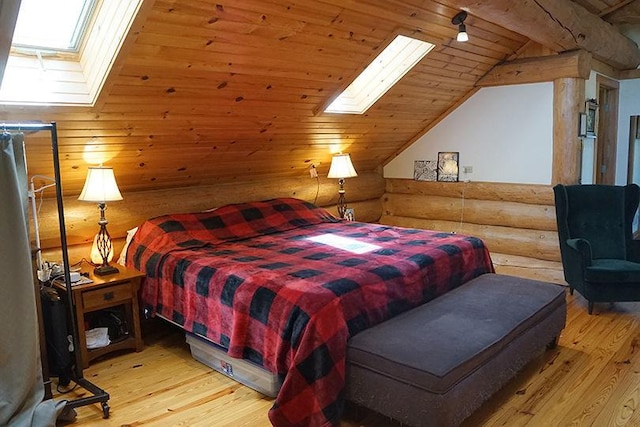 3526 E 2179th Rd, Ottawa, IL 61350 - bedroom with a skylight, wooden ceiling, wood finished floors, log walls, and lofted ceiling