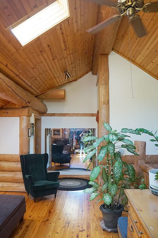 3526 E 2179th Rd, Ottawa, IL 61350 - sitting room featuring wooden ceiling, wood finished floors, ceiling fan, lofted ceiling, and log walls