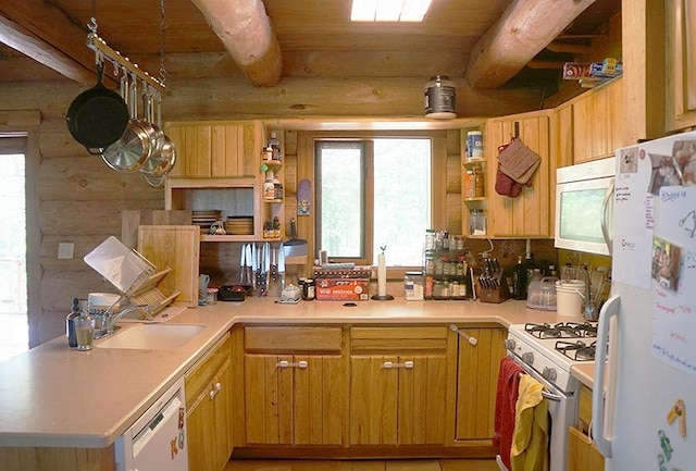 3526 E 2179th Rd, Ottawa, IL 61350 - kitchen with white appliances, open shelves, beam ceiling, light countertops, and a sink