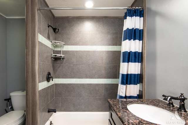 full bath featuring shower / tub combo with curtain, toilet, and vanity
