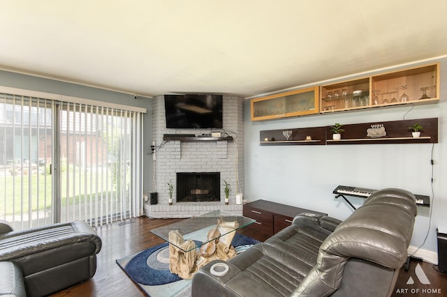 living room with a fireplace and wood finished floors