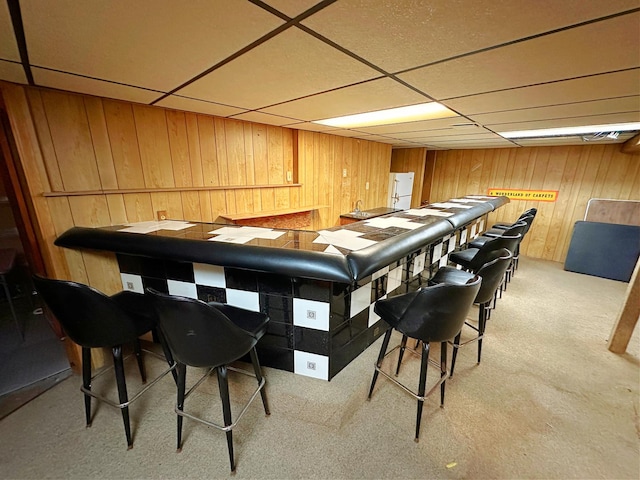 925 N Otter Creek Rd, Streator, IL 61364 - bar area featuring wooden walls, light colored carpet, freestanding refrigerator, and a paneled ceiling