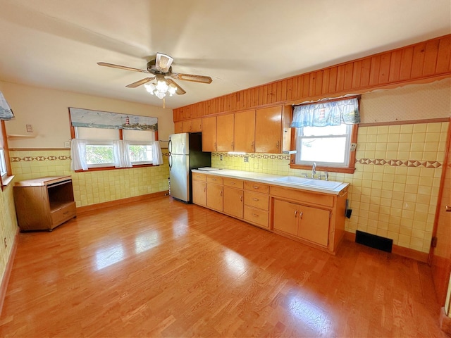 925 N Otter Creek Rd, Streator, IL 61364 - kitchen featuring freestanding refrigerator, light countertops, healthy amount of natural light, a sink, and wainscoting