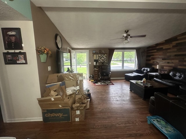 795 N Erie St, Braidwood, IL 60408 - living area featuring vaulted ceiling, ceiling fan, wood finished floors, and baseboards