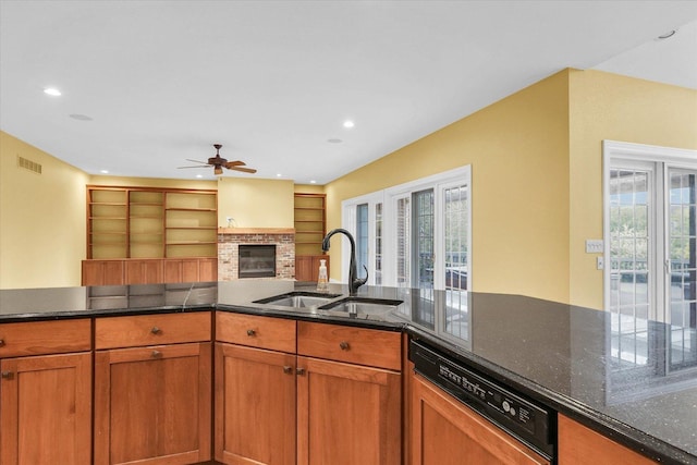 4410 Southford Trace Dr, Champaign, IL 61822 - kitchen featuring a sink, dishwasher, plenty of natural light, a fireplace, and recessed lighting