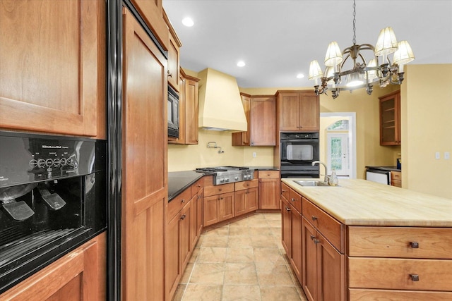 4410 Southford Trace Dr, Champaign, IL 61822 - kitchen featuring premium range hood, a chandelier, stainless steel appliances, an island with sink, and recessed lighting