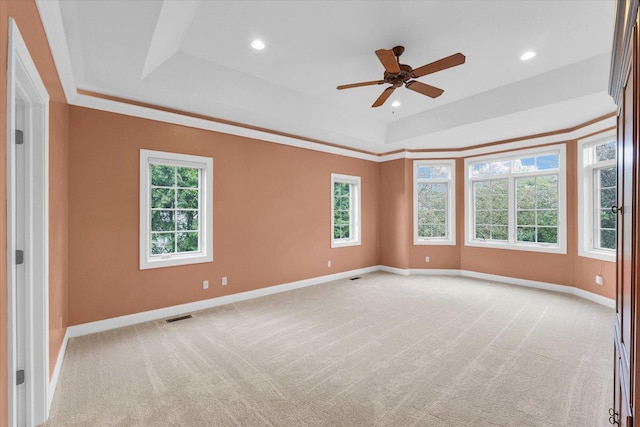 4410 Southford Trace Dr, Champaign, IL 61822 - empty room featuring a tray ceiling, baseboards, light colored carpet, healthy amount of natural light, and recessed lighting