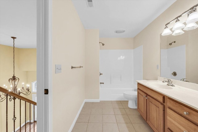 4410 Southford Trace Dr, Champaign, IL 61822 - bathroom featuring toilet, shower / tub combination, vanity, a chandelier, and tile patterned flooring