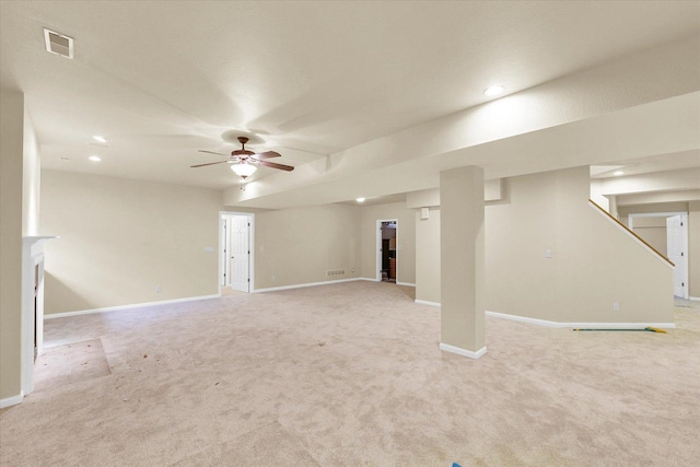 4410 Southford Trace Dr, Champaign, IL 61822 - finished basement with ceiling fan, light carpet, baseboards, and recessed lighting