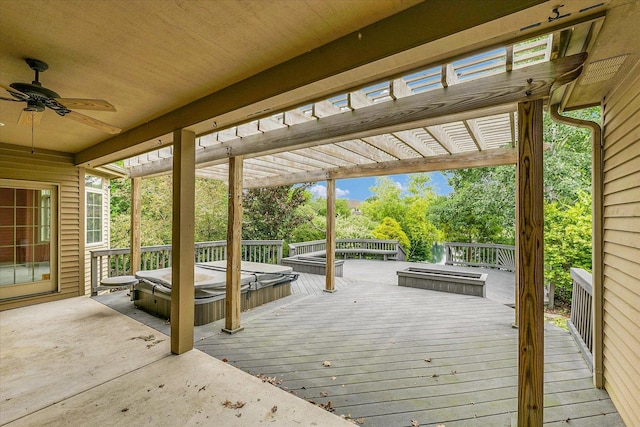 4410 Southford Trace Dr, Champaign, IL 61822 - wooden terrace with a covered hot tub, a pergola, and a ceiling fan