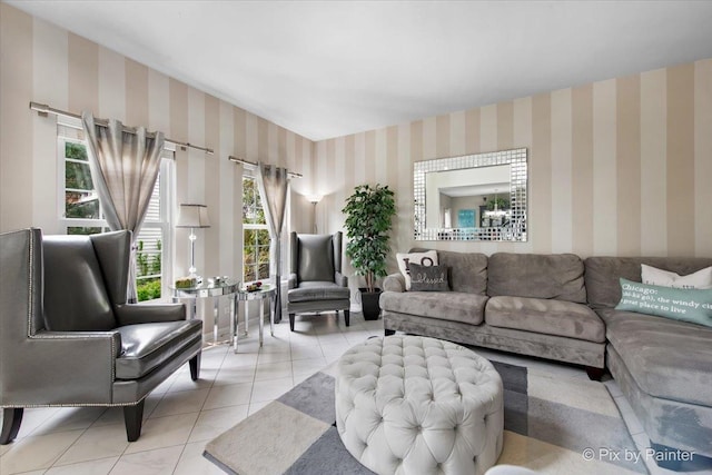 9 Laurel Valley Ct, Lake In The Hills, IL 60156 - tiled living room featuring wallpapered walls and a chandelier