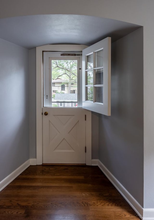 entryway with baseboards and dark wood-type flooring