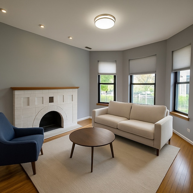 6137 S Kimbark Ave Unit 1, Chicago, IL 60637 - living room with wood finished floors, baseboards, recessed lighting, and a brick fireplace