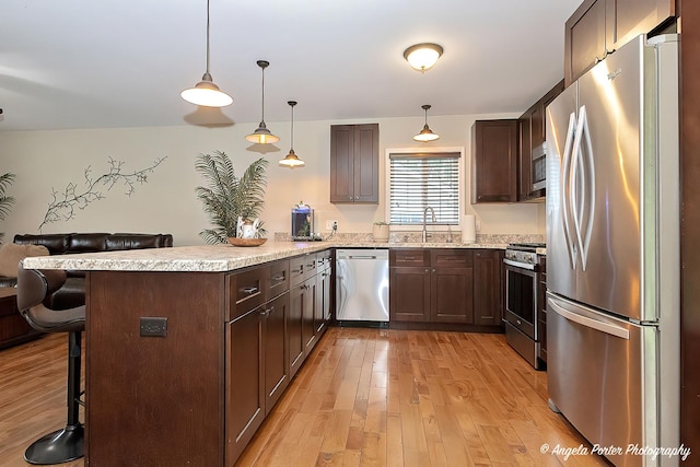 2505 S Harriet Ln, Holiday Hills, IL 60051 - kitchen featuring stainless steel appliances, a peninsula, a sink, light wood-style floors, and dark brown cabinetry