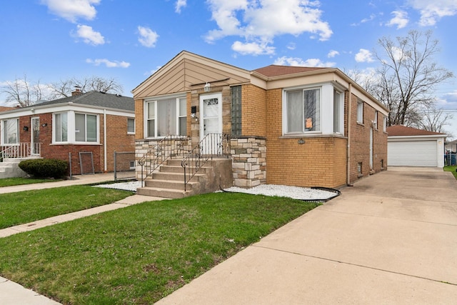 12817 S Racine Ave, Calumet Park, IL 60827 - bungalow-style home featuring brick siding, an outdoor structure, a front yard, and a garage
