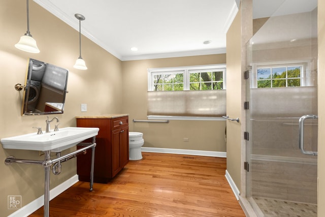 1532 Chat Ct, Naperville, IL 60565 - bathroom with wood finished floors, toilet, baseboards, a stall shower, and crown molding