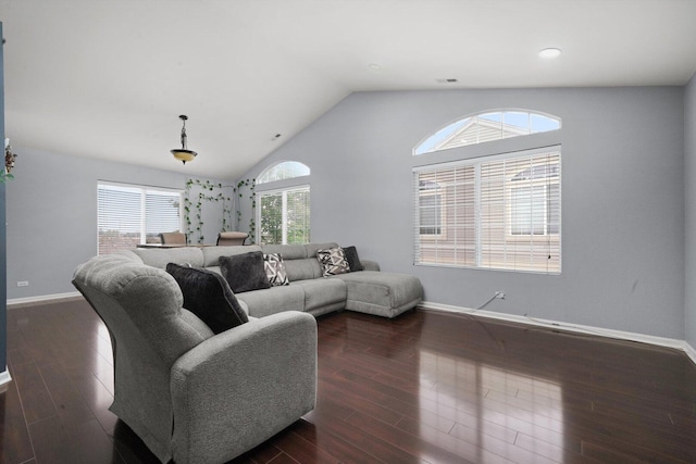 1913 Misty Ridge Ln, Aurora, IL 60503 - living area with baseboards, dark wood-style flooring, vaulted ceiling, and recessed lighting