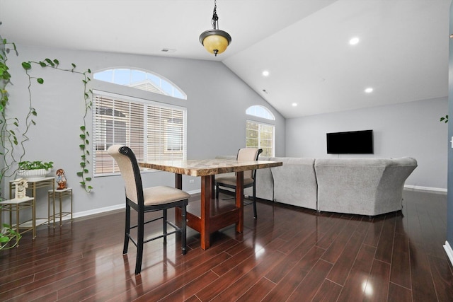 1913 Misty Ridge Ln, Aurora, IL 60503 - dining space with dark wood-type flooring, lofted ceiling, recessed lighting, and baseboards