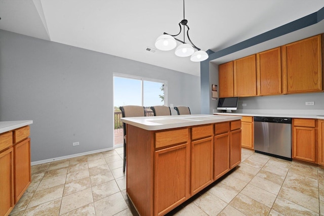 1913 Misty Ridge Ln, Aurora, IL 60503 - kitchen featuring stainless steel dishwasher, light countertops, pendant lighting, a center island, and brown cabinetry