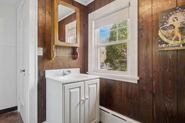 1557 Green Bay Rd, Highland Park, IL 60035 - bathroom featuring wooden walls, vanity, and a baseboard radiator