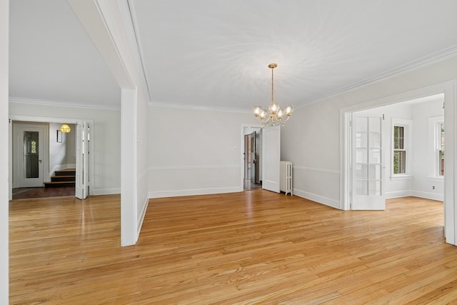 1557 Green Bay Rd, Highland Park, IL 60035 - unfurnished living room with ornamental molding, radiator heating unit, a chandelier, light wood-style floors, and baseboards