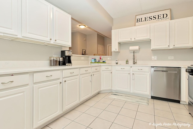 390 W Mahogany Ct Unit 301, Palatine, IL 60067 - kitchen with stainless steel dishwasher, light tile patterned floors, and white cabinetry