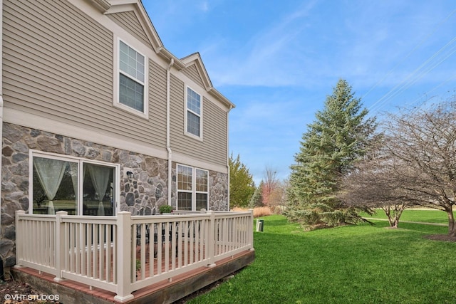15130 Laurel Ln, Lockport, IL 60441 - view of home's exterior with stone siding, a yard, and a wooden deck