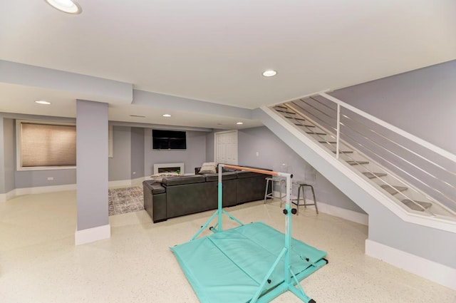 141 Bluegrass Pkwy, Oswego, IL 60543 - game room featuring baseboards, recessed lighting, and dark speckled floor