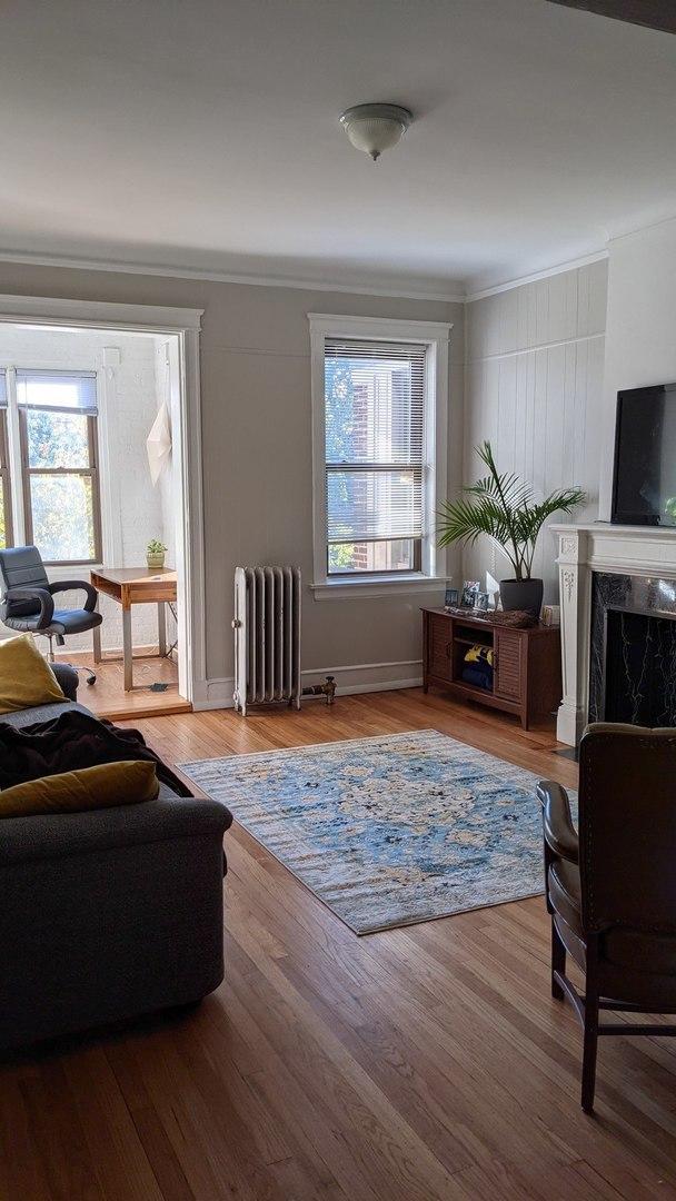 5110 S Woodlawn Ave Unit 3H, Chicago, IL 60615 - living area with radiator heating unit, ornamental molding, a premium fireplace, wood finished floors, and baseboards
